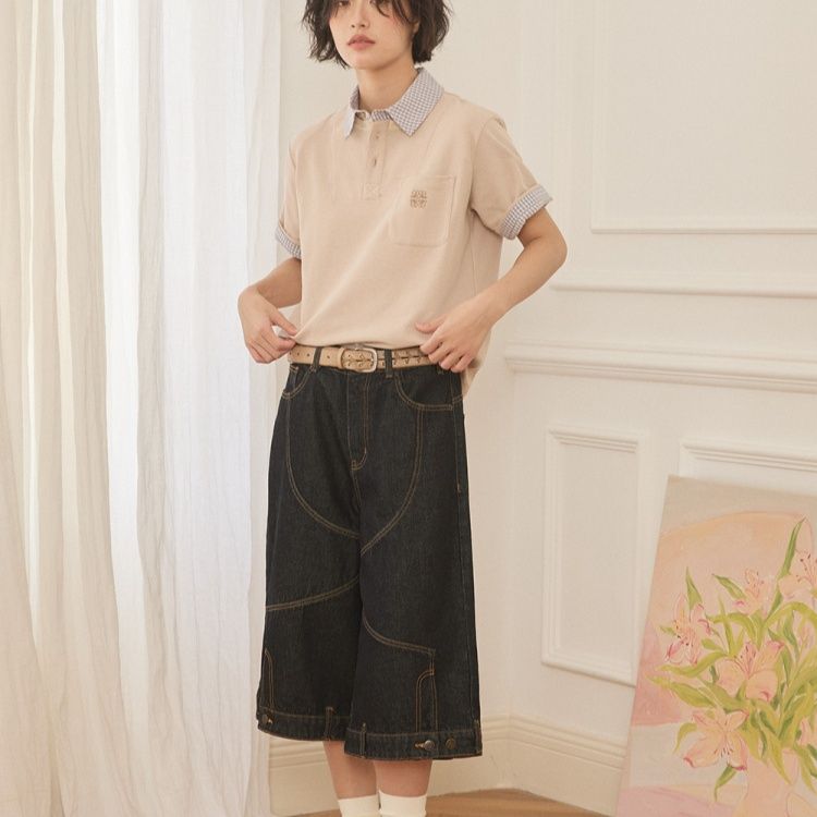 柄シャツ 格子襟切替ポロシャツ