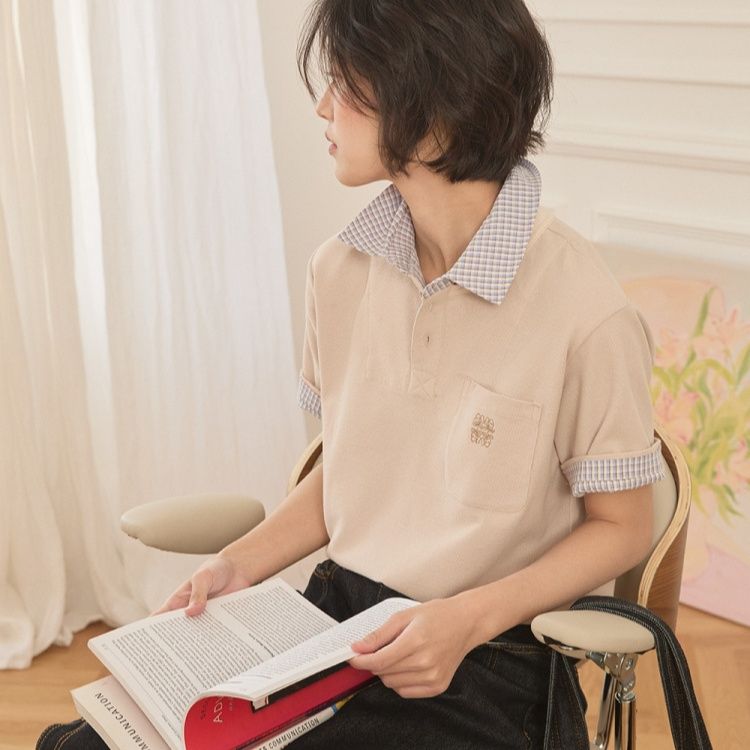 柄シャツ 格子襟切替ポロシャツ