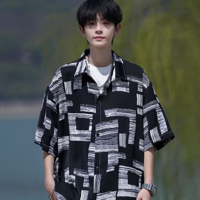 柄シャツ アートブラシ幾何学模様シャツ
