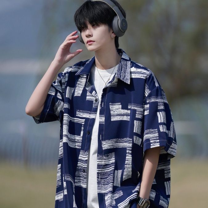 柄シャツ アートブラシ幾何学模様シャツ