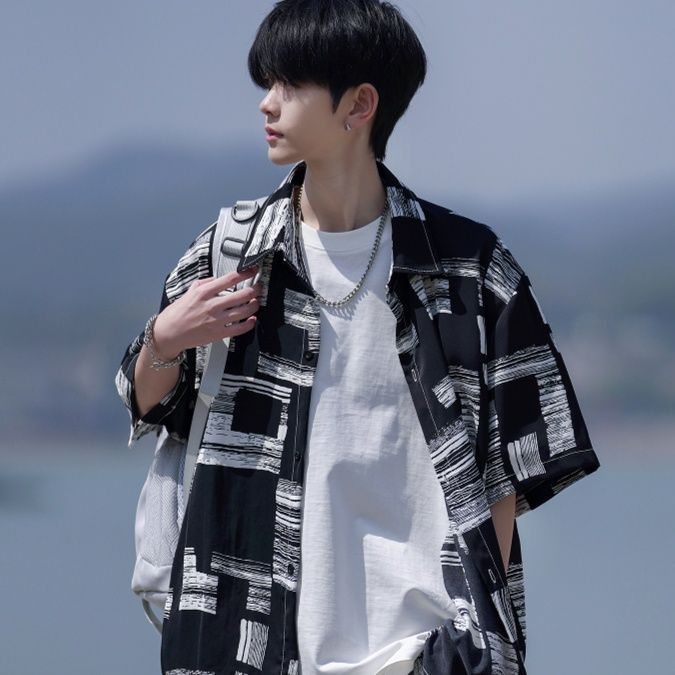 柄シャツ アートブラシ幾何学模様シャツ