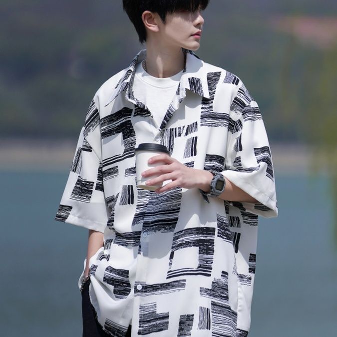 柄シャツ アートブラシ幾何学模様シャツ