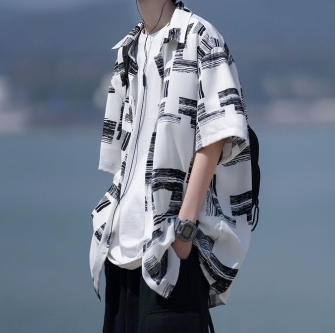 柄シャツ アートブラシ幾何学模様シャツ
