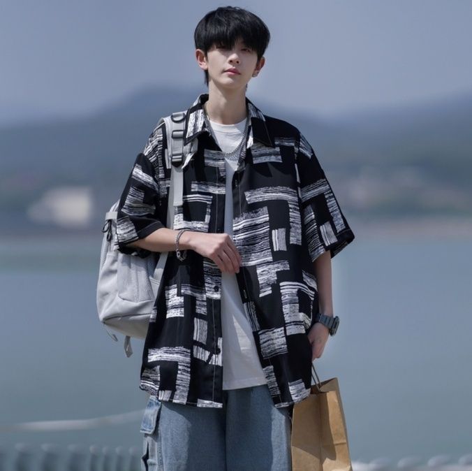 柄シャツ アートブラシ幾何学模様シャツ