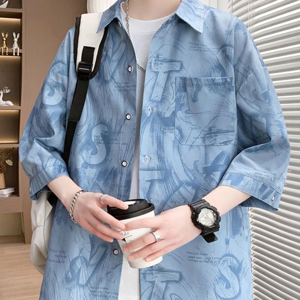 柄シャツ 墨書アートデザイン七分袖シャツ