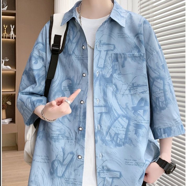 柄シャツ 墨書アートデザイン七分袖シャツ
