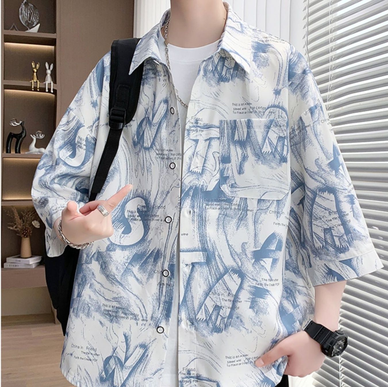 柄シャツ 墨書アートデザイン七分袖シャツ