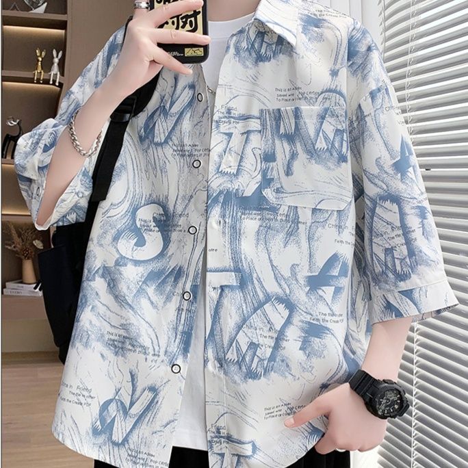 柄シャツ 墨書アートデザイン七分袖シャツ