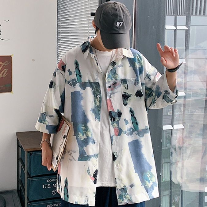 柄シャツ 水彩画風アートシャツ