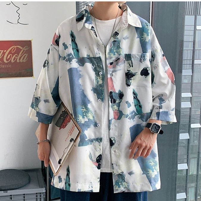 柄シャツ 水彩画風アートシャツ