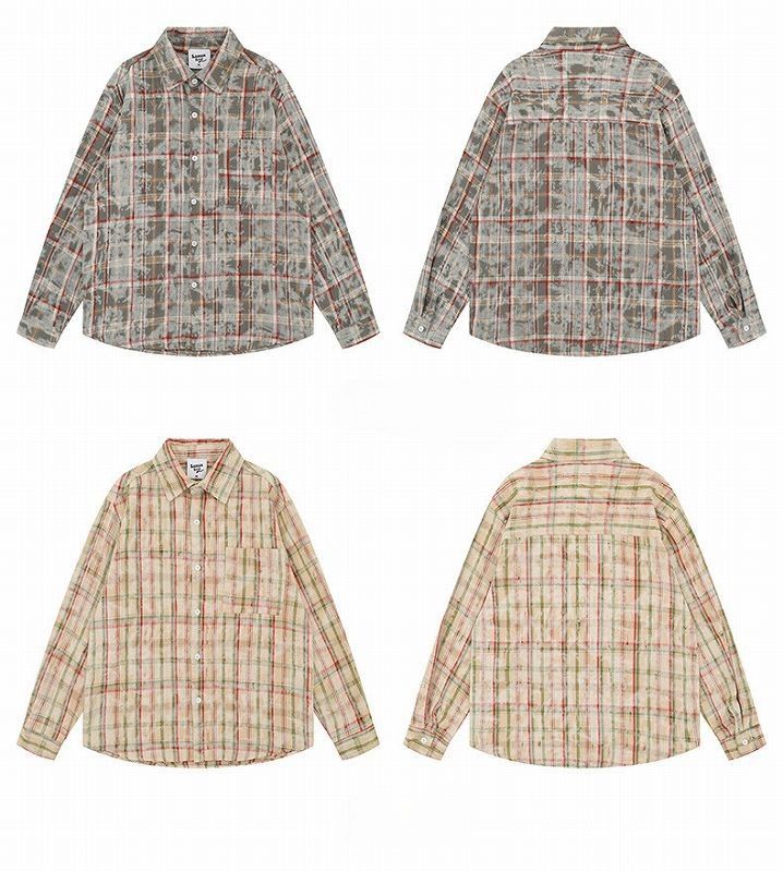  ダメージ加工チェック柄長袖シャツ男女兼用