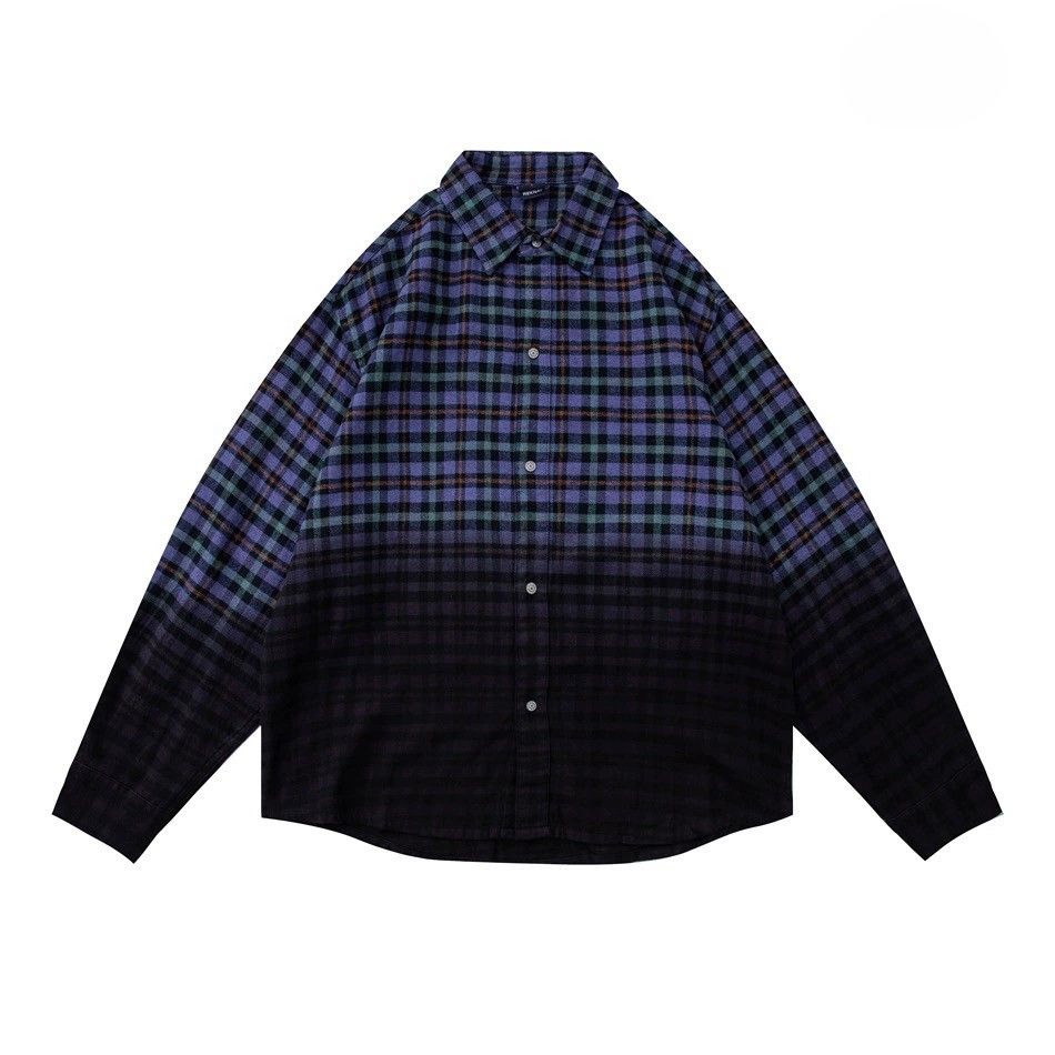 グラデーションチェック柄シャツ 男女兼用 紫ブルー