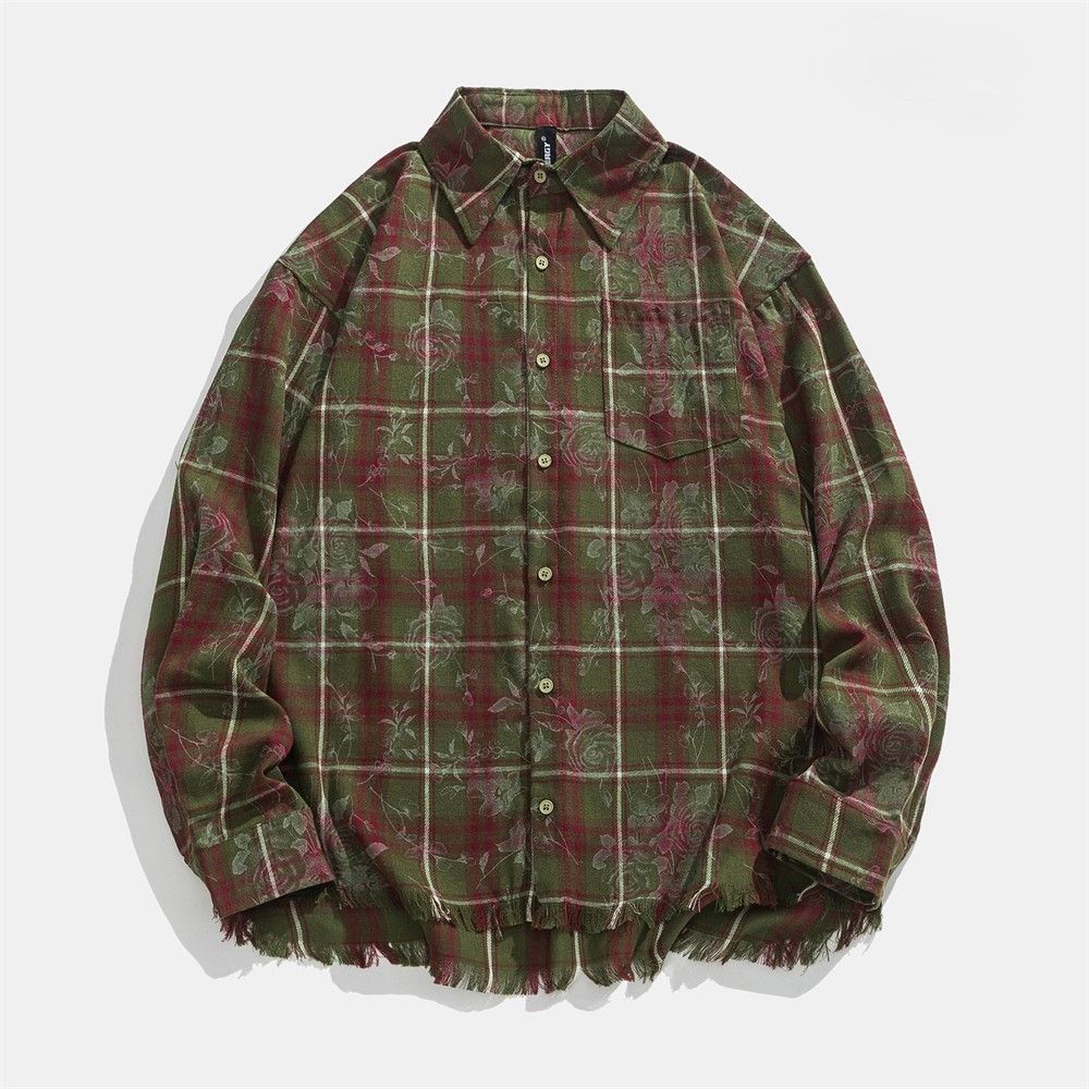 裾フリンジデザイン長袖チェック柄シャツ