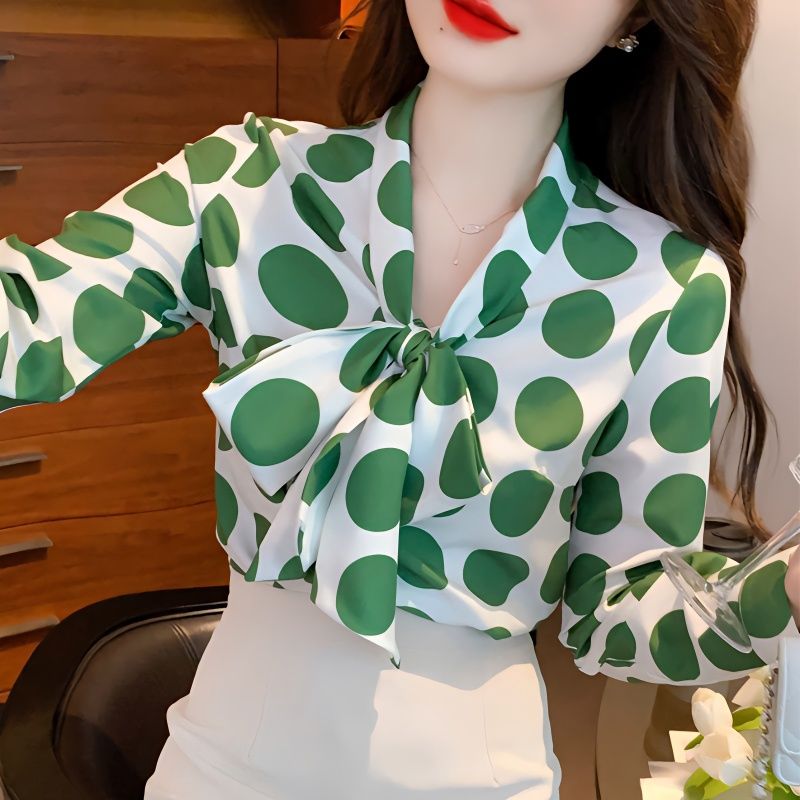柄シャツ リボン結び水玉プリント柄シャツ