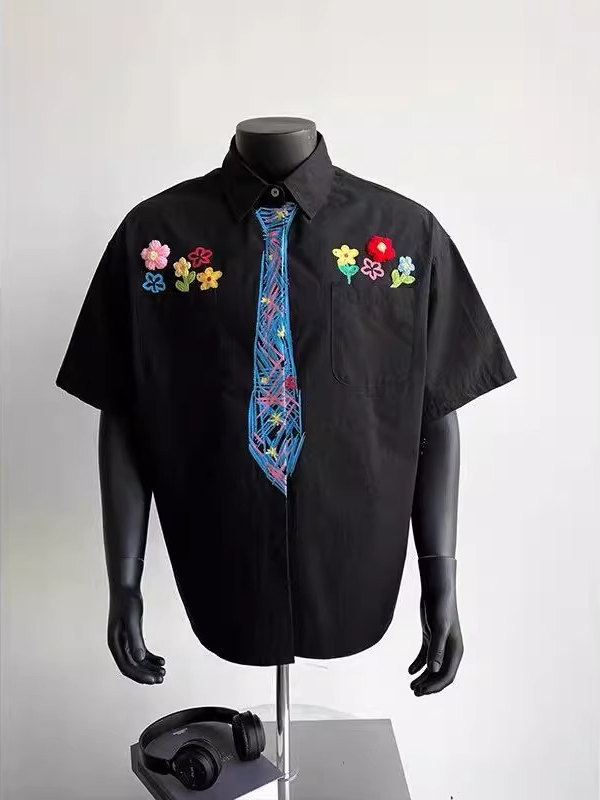 柄シャツ 花刺繍ネクタイデザイン半袖シャツ