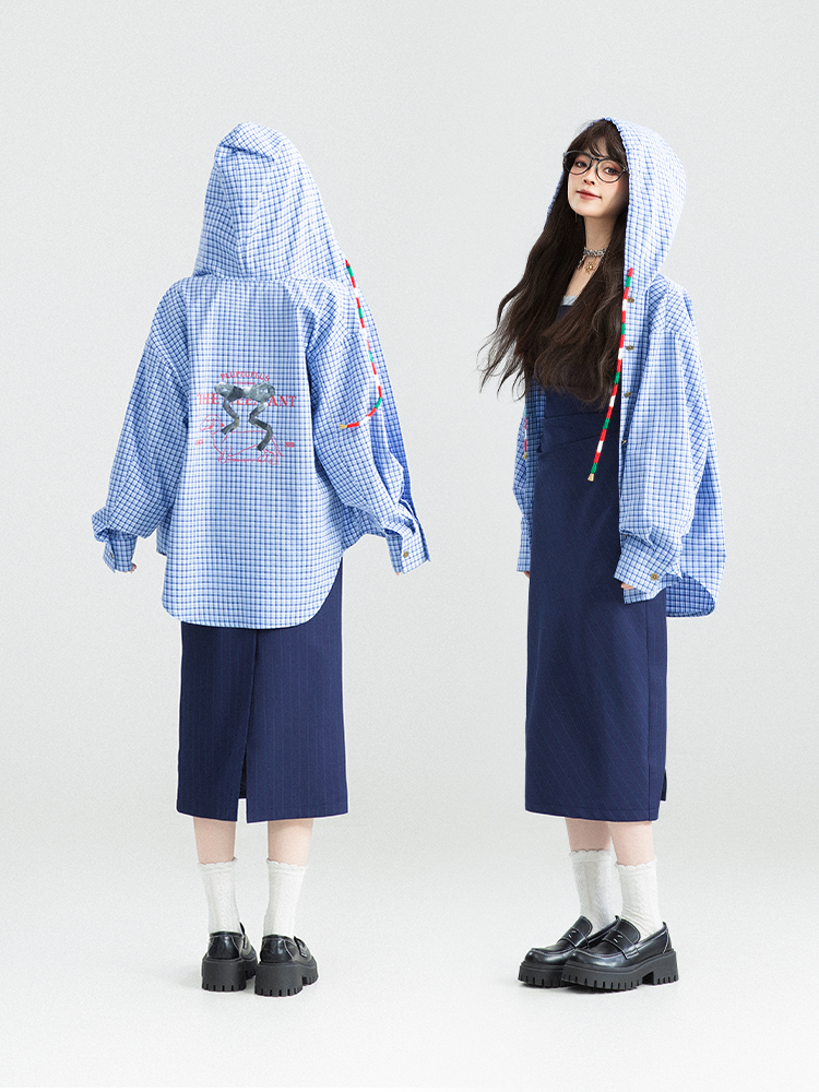 柄シャツ フード付きチェック格子柄シャツ