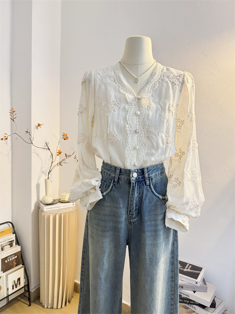 柄シャツ 柄シャツ 優美な小花刺繍レースブラウス
