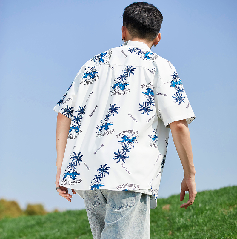 柄シャツ 南国やしの木プリント半袖シャツ
