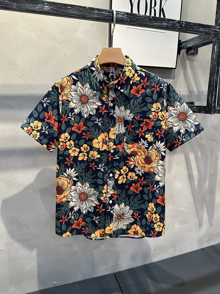 柄シャツ 華やか菊花ボタニカル半袖シャツ