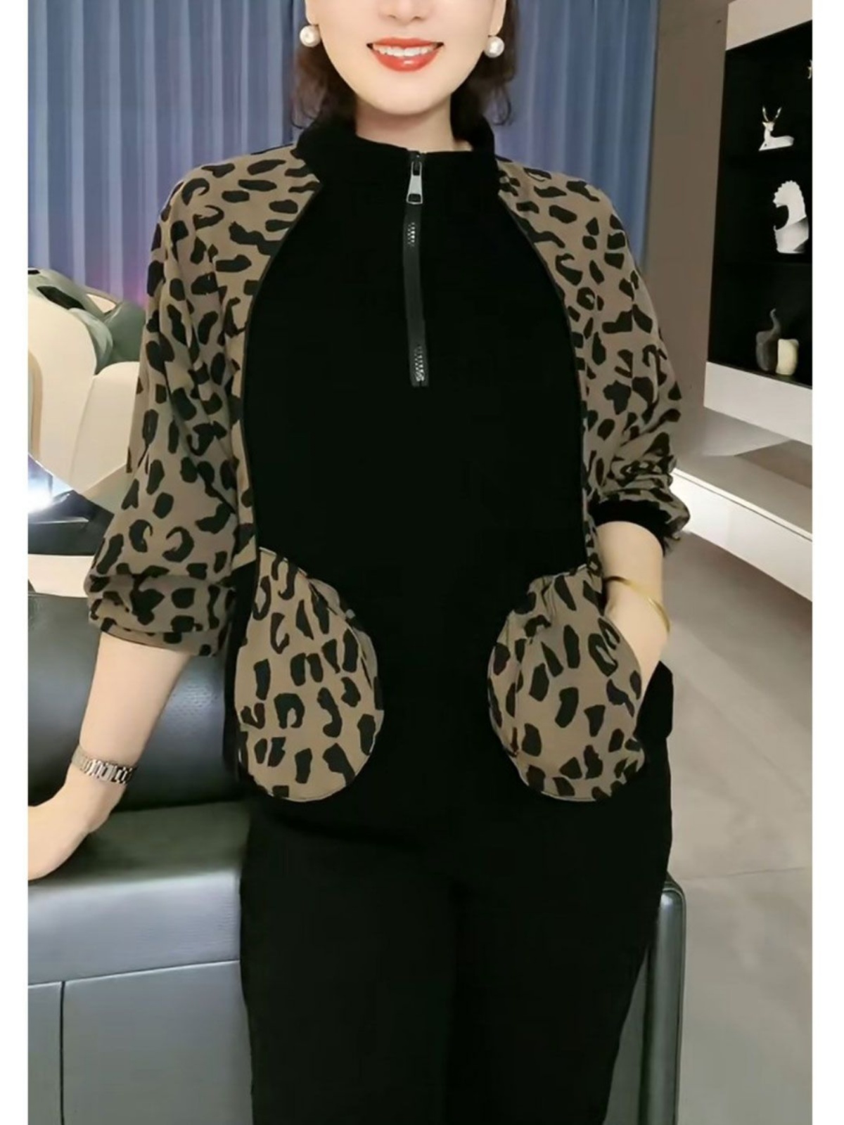 柄シャツ バイカラー切替ヒョウ柄ジップアップシャツ