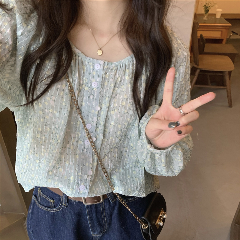 韓国風花柄シャツ長袖ブラウス上品ラウンドネック