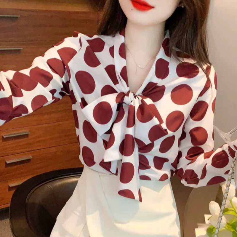 柄シャツ リボン結び水玉プリント柄シャツ