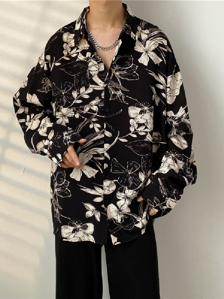 柄シャツ 柄シャツ 優雅花模様オープンカラーシャツ