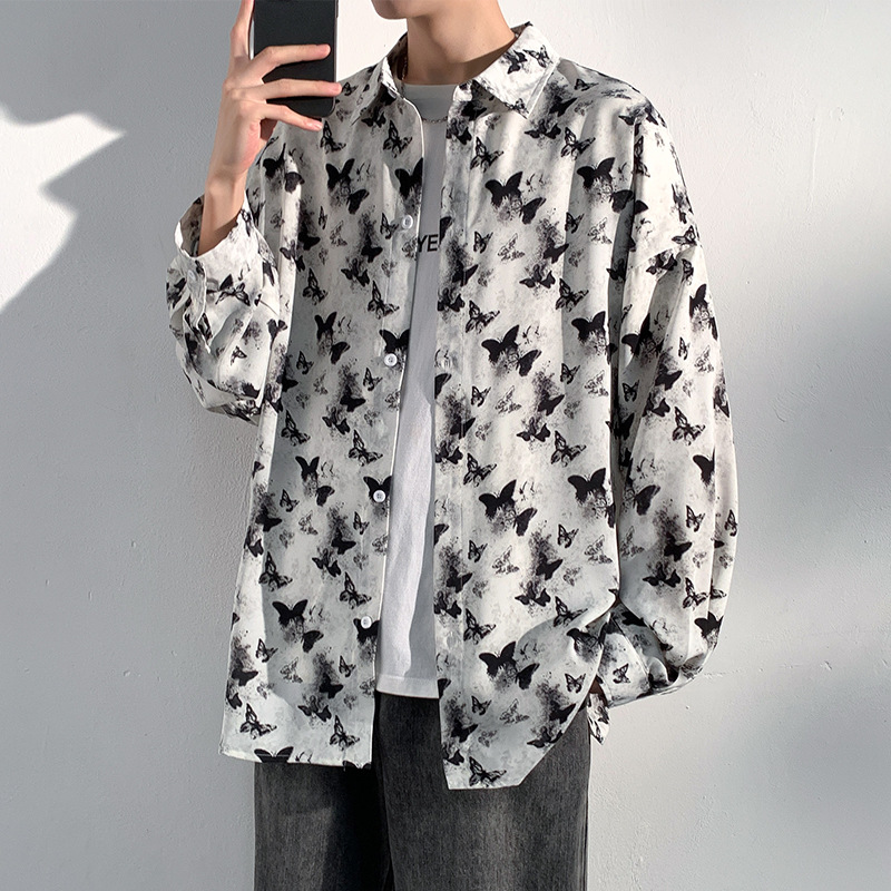 柄シャツ 蝶々舞う総柄長袖開襟シャツ