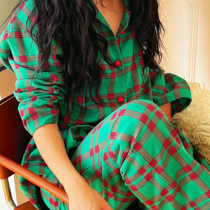 柄シャツ 柄シャツ クリスマスツリー刺繍チェック柄パジャマ