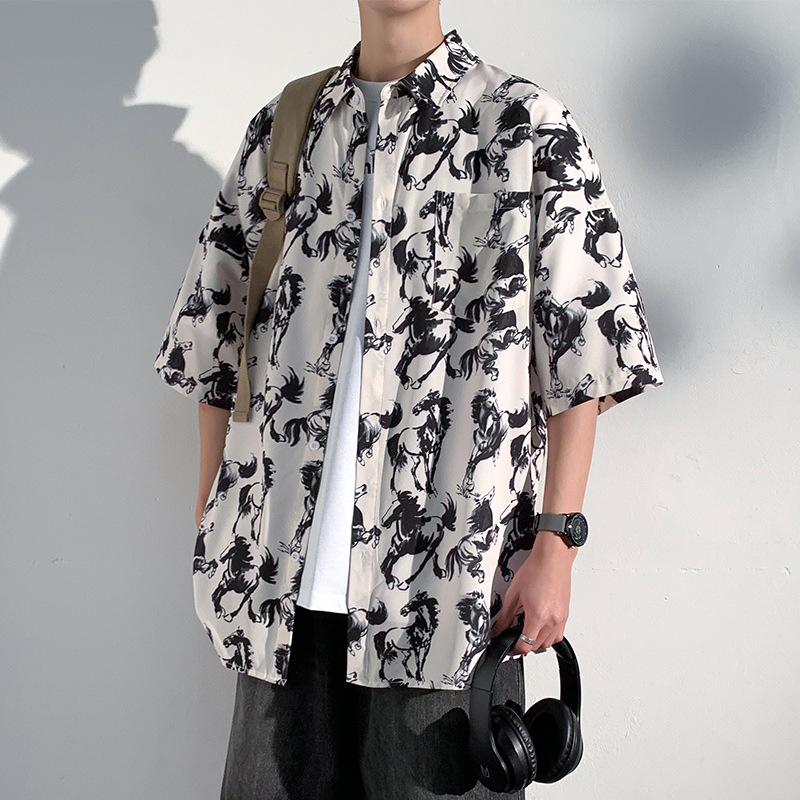 柄シャツ 和風龍柄総柄開襟五分袖シャツ