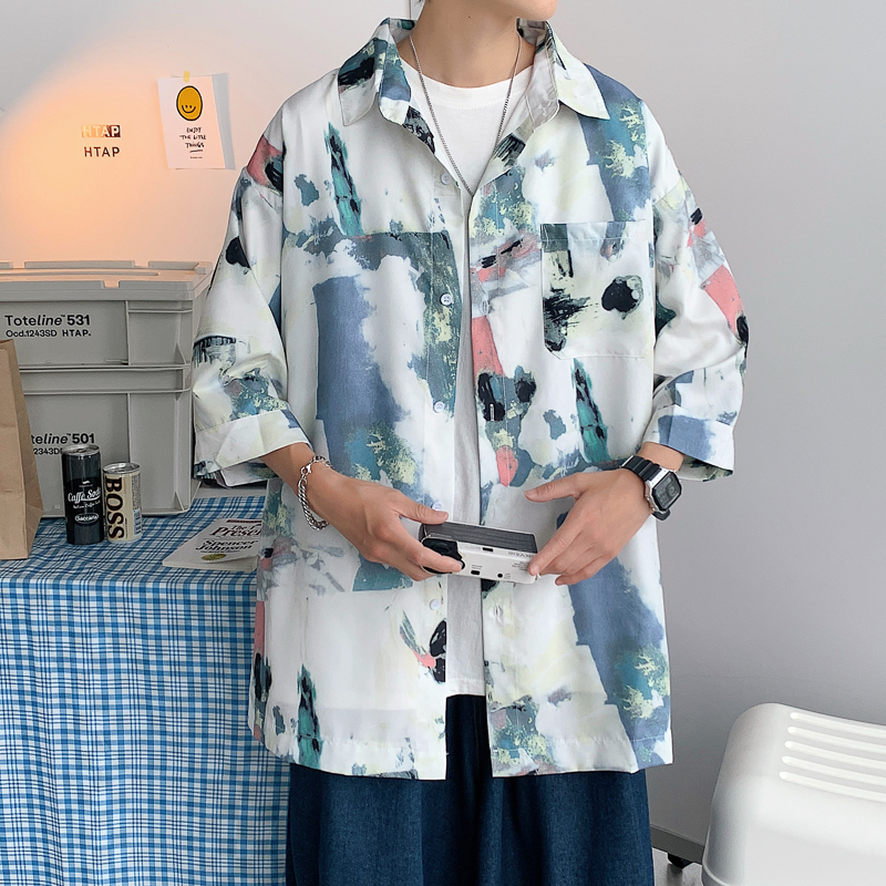 柄シャツ 水彩画風アートシャツ