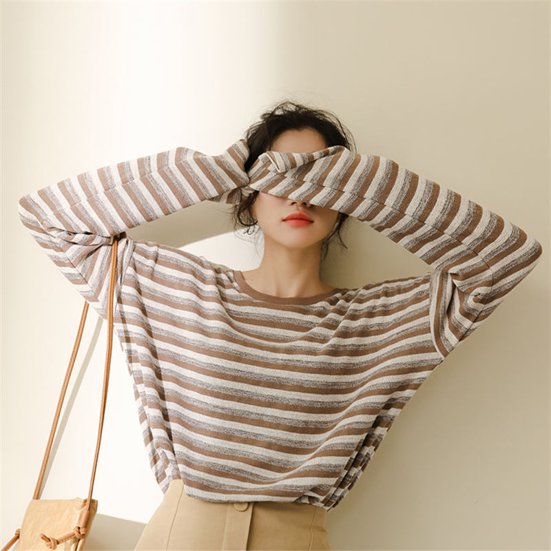 韓国風おしゃれ白柄シャツ カジュアルボーダートップス