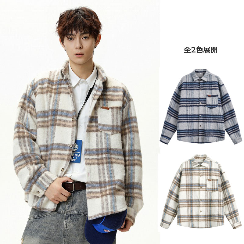 柄シャツ メンズ秋新作配色チェック柄厚手ウールシャツ