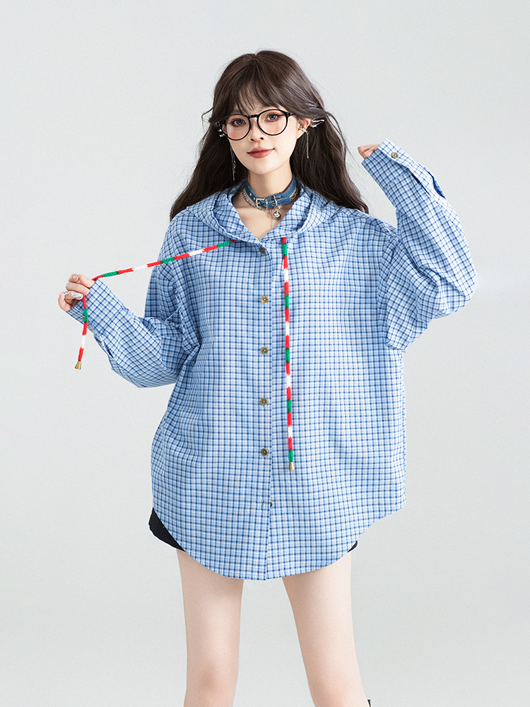柄シャツ フード付きチェック格子柄シャツ