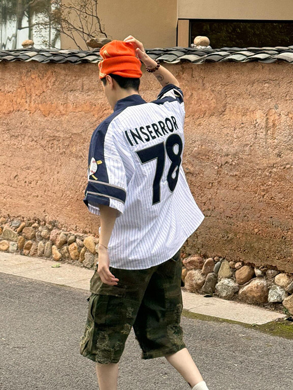 柄シャツ ストライプ野球モチーフシャツ
