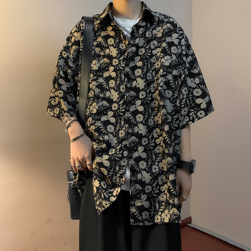 柄シャツ 黒地花柄半袖シャツ メンズ冷感素材カジュアル
