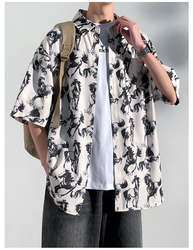 柄シャツ 和風龍柄総柄開襟五分袖シャツ