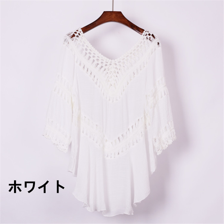 透かし編み 白柄シャツ リゾート 夏向け フレアトップス