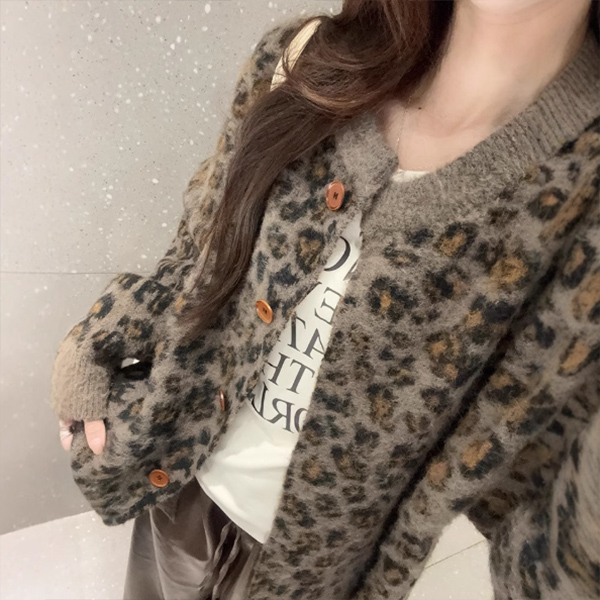 ヒョウ柄シャツ カーディガン ニット ボリューム袖 グレー