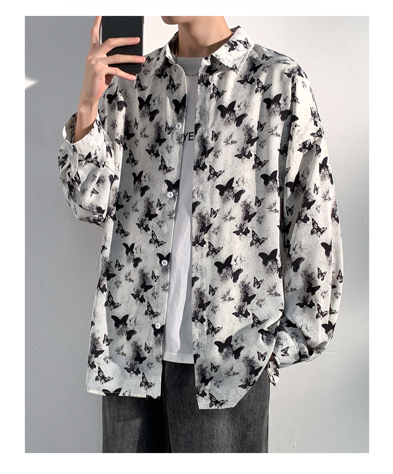 柄シャツ 蝶々舞う総柄長袖開襟シャツ
