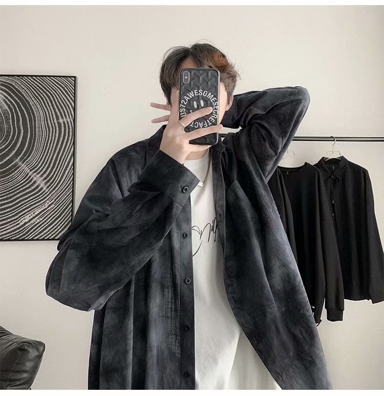 柄シャツ ムラ染め風ビッグシルエット長袖シャツ