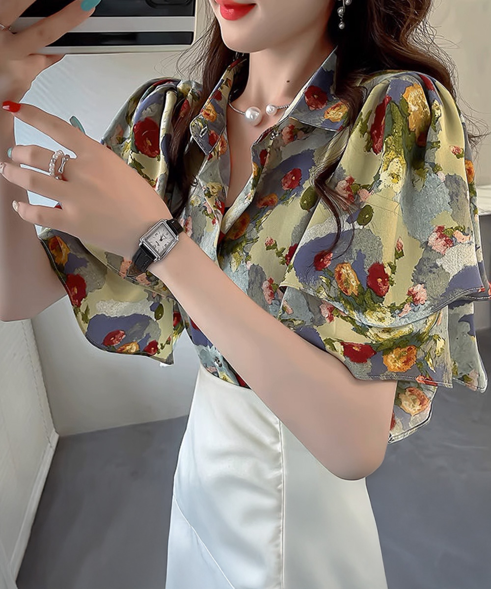 華やか花柄シャツ 二重フレア袖ブラウス