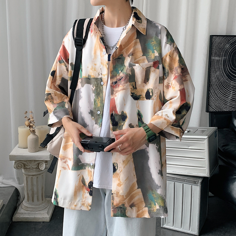 柄シャツ 水彩画風アートシャツ