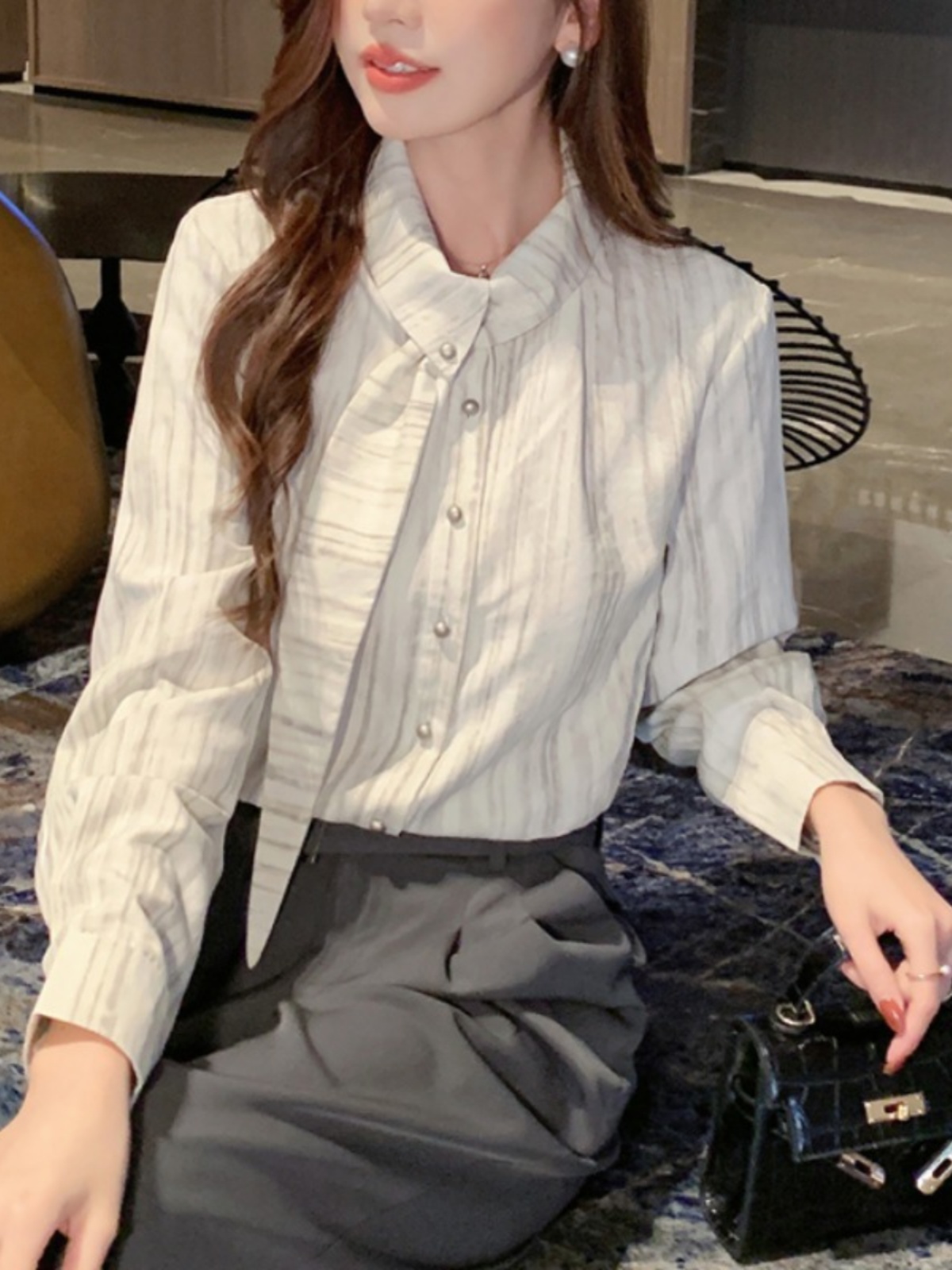 柄シャツ 柄シャツ 大理石風雅なリボン襟シャツ