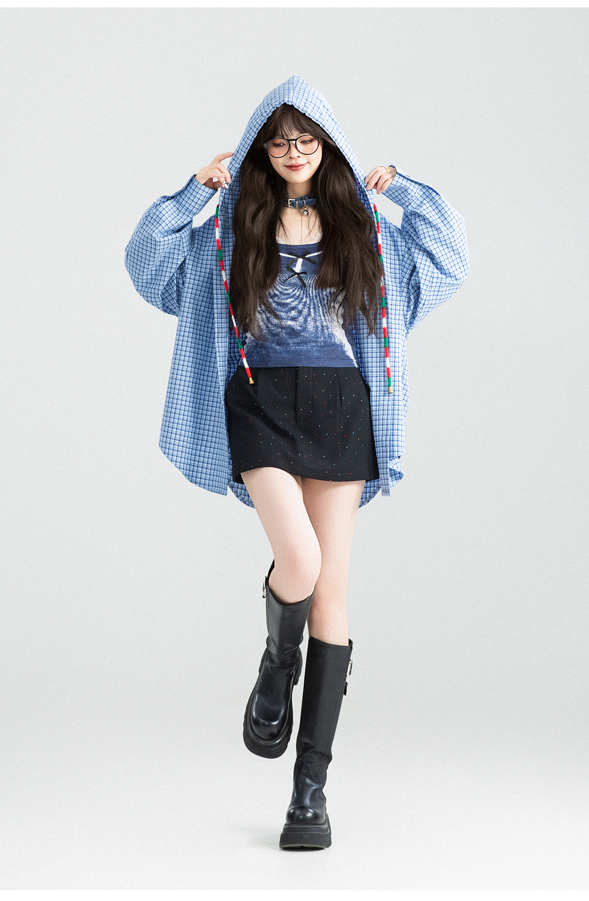 柄シャツ フード付きチェック格子柄シャツ
