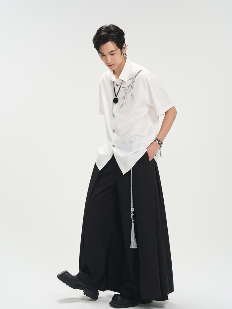 柄シャツ 柄シャツ 繊細枝模様 半袖シャツ