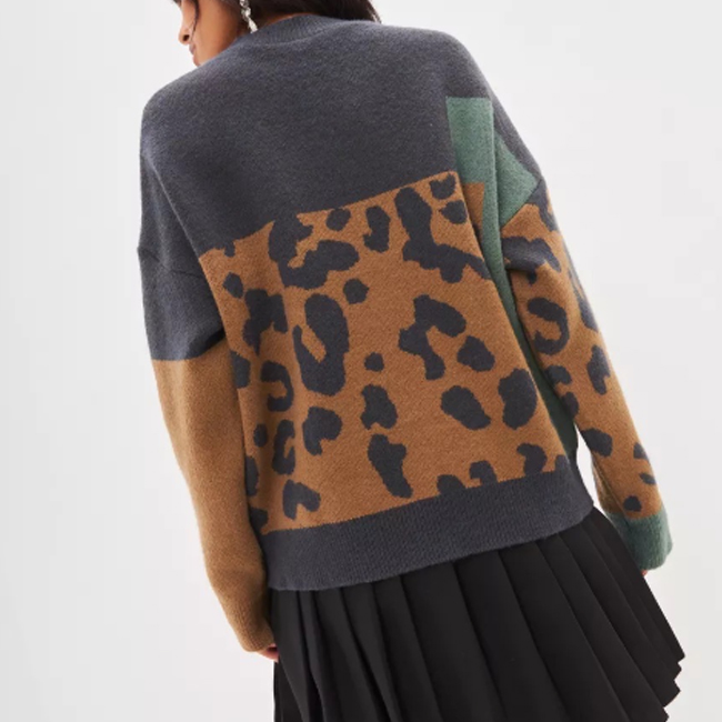 ヒョウ柄シャツ配色ニットセーター ドロップショルダープルオーバー