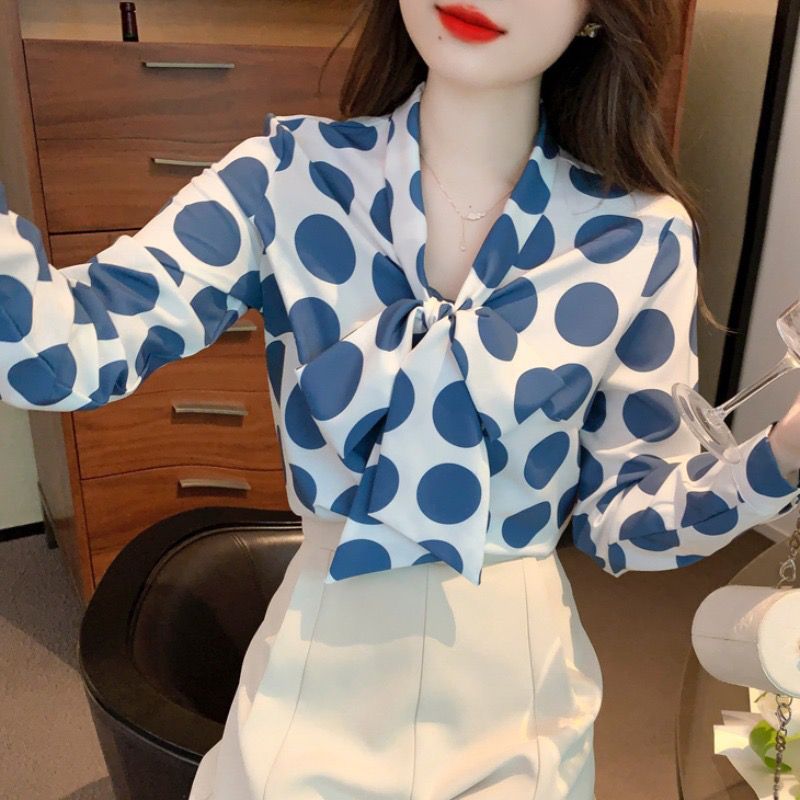 柄シャツ リボン結び水玉プリント柄シャツ