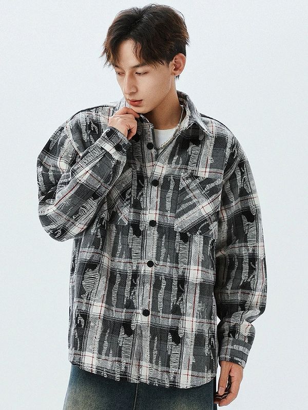 メンズ ダメージ加工 チェック柄シャツ 男女兼用 春秋