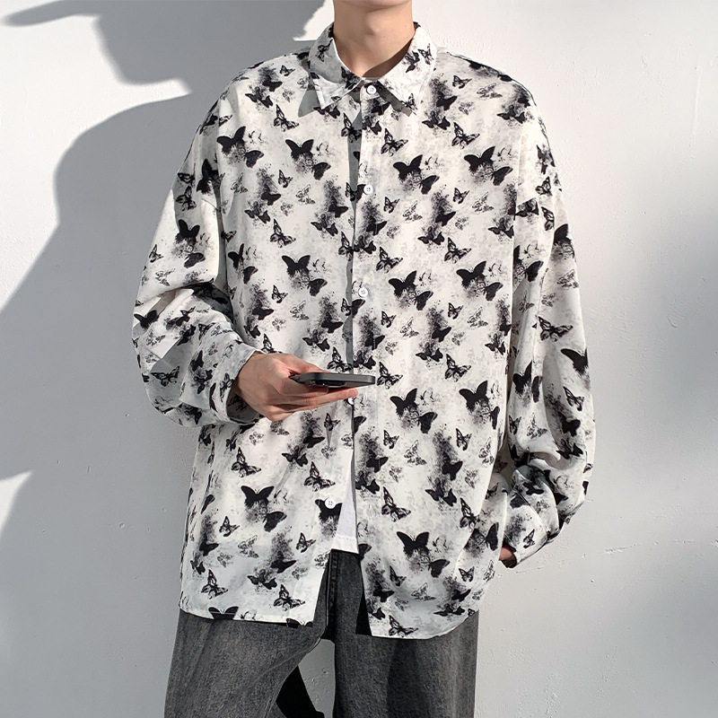 柄シャツ 蝶々舞う総柄長袖開襟シャツ